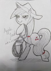 Size: 1473x2048 | Tagged: safe, artist:roya, applejack, earth pony, pony, g4, black and white, female, grayscale, hat, mare, monochrome, rope, simple background, solo, traditional art