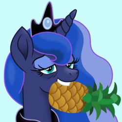 Size: 1500x1500 | Tagged: safe, artist:cloudy glow, princess luna, alicorn, pony, a royal problem, g4, female, food, herbivore, mare, mouth hold, pineapple, solo, tired
