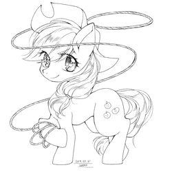 Size: 2048x2048 | Tagged: safe, artist:zakro, applejack, earth pony, pony, g4, black and white, cowboy hat, cute, female, hat, high res, hoof hold, lasso, looking at you, mare, monochrome, rope, simple background, solo, white background