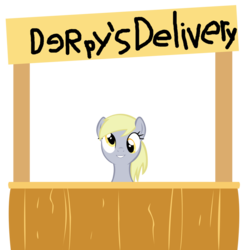 Size: 883x905 | Tagged: safe, artist:craftybrony, derpy hooves, pegasus, pony, g4, booth, cute, derp, derpabetes, female, looking at you, mare, simple background, smiling, solo, transparent background, vector, writing