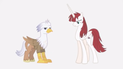 Size: 2880x1620 | Tagged: safe, artist:mlp-silver-quill, oc, oc only, oc:fausticorn, oc:silver quill, alicorn, classical hippogriff, hippogriff, pony, alicorn oc, aside glance, duo, female, gray background, lauren faust is not amused, male, mare, simple background, unamused, void