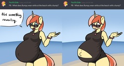 Size: 2252x1200 | Tagged: safe, artist:bumpywish, oc, oc only, oc:bumpy wish, unicorn, anthro, belly, big belly, blushing, breasts, clothes, embarrassed, female, looking at you, one-piece swimsuit, pregnant, solo, sunglasses, swimsuit, talking to viewer, wardrobe malfunction