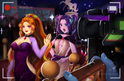 Size: 3131x2053 | Tagged: safe, artist:praeay, adagio dazzle, aria blaze, sonata dusk, equestria girls, g4, beautiful, breasts, camera, carpet, cleavage, clothes, dress, female, gem, high res, lipstick, offscreen character, recording, red carpet, side slit, siren gem, the dazzlings