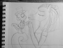 Size: 900x683 | Tagged: safe, artist:supra80, mane-iac, spike, anthro, g4, clothes, dress, hat, kissing, marriage, pencil drawing, ship:spike-iac, top hat, traditional art, wedding, wedding dress, wedding veil