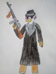 Size: 2448x3264 | Tagged: safe, oc, oc:silver quill, hippogriff, anthro, clothes, cosplay, costume, fallout, fallout 4, fedora, gun, hat, high res, scarf, silver shroud, solo, talons, thompson m1928, tommy gun, traditional art, trenchcoat, weapon
