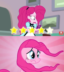 Size: 1244x1393 | Tagged: safe, artist:noguitom, edit, screencap, pinkie pie, pony, equestria girls, equestria girls series, five stars, g4, party of one, spoiler:eqg series (season 2), comparison, customer rating, female, four stars, hair, sad, server pinkie pie, waitress, when she doesn't smile