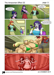 Size: 1697x2367 | Tagged: safe, artist:atariboy2600, artist:bluecarnationstudios, applejack, rarity, sci-twi, sunset shimmer, twilight sparkle, comic:the amazonian effect, comic:the amazonian effect iii, equestria girls, g4, abs, and then there's rarity, applejacked, biceps, breasts, buff breasts, busty applejack, busty rarity, canterlot high, cellphone, deltoids, muscles, overdeveloped muscles, phone, this will end in pain, twolight