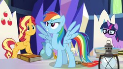 Size: 1920x1080 | Tagged: safe, screencap, rainbow dash, sci-twi, sunset shimmer, twilight sparkle, pegasus, pony, unicorn, equestria girls, equestria girls specials, g4, my little pony equestria girls: better together, my little pony equestria girls: spring breakdown, >:d, book, crown, cutie map, determined, discovery family logo, equestria girls ponified, feather, female, friendship throne, human pony dash, jewelry, lantern, majestic, quill, raised hoof, regalia, smiling, smirk, twilight's castle, unicorn sci-twi