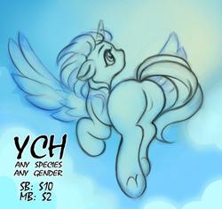 Size: 1074x1016 | Tagged: safe, artist:drawsyraccoon, pony, advertisement, butt, commission, featureless crotch, flying, plot, solo, your character here