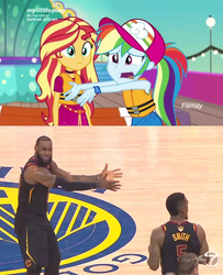 Size: 1200x1475 | Tagged: safe, screencap, rainbow dash, sunset shimmer, human, equestria girls, equestria girls specials, g4, my little pony equestria girls: better together, my little pony equestria girls: spring breakdown, african american, basketball, boat, cleveland cavaliers, comparison, female, golden state warriors, hat, irl, irl human, jr smith, lebron james, lebron james's nba finals reaction, lifejacket, male, meme, nba, nba finals, photo, sports