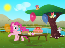 Size: 1039x769 | Tagged: safe, artist:wildanime, apple bloom, pinkie pie, scootaloo, sweetie belle, earth pony, pegasus, pony, unicorn, g4, balloon, cake, cloud, cupcake, cutie mark crusaders, female, filly, flower, food, hiding, mare, party, picnic, picnic table, pie, sky, sun, table, tree, water