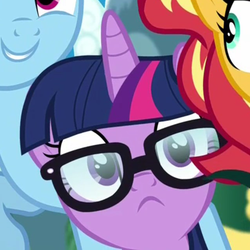 Size: 640x640 | Tagged: safe, screencap, rainbow dash, sci-twi, sunset shimmer, twilight sparkle, pegasus, pony, unicorn, equestria girls, equestria girls specials, g4, my little pony equestria girls: better together, my little pony equestria girls: spring breakdown, :<, cropped, cute, equestria girls ponified, female, glasses, grin, human pony dash, mare, offscreen character, ponified, smiling, solo focus, twiabetes, unicorn sci-twi, wide eyes