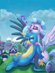 Size: 1668x2224 | Tagged: safe, artist:catscratchpaper, gallus, silverstream, classical hippogriff, griffon, hippogriff, g4, cute, diastreamies, eyes closed, female, gallabetes, hug, leaning, leaning back, lidded eyes, male, music notes, paws, sad description, ship:gallstream, shipping, singing, sitting, straight, swag, teenager