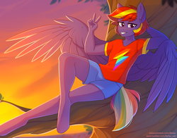 Size: 3003x2357 | Tagged: safe, artist:fensu-san, oc, oc only, oc:rainbow lightspeed, pegasus, anthro, unguligrade anthro, clothes, high res, male, shorts, solo, sunset, tree