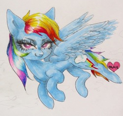 Size: 1069x999 | Tagged: safe, artist:palace, rainbow dash, pegasus, pony, g4, copic, female, flying, looking at you, mare, traditional art