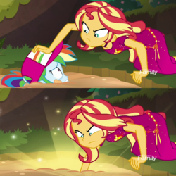 Size: 1080x1080 | Tagged: safe, screencap, rainbow dash, sunset shimmer, equestria girls, equestria girls series, g4, spring breakdown, spoiler:eqg series (season 2), clothes, dress, duo, eye contact, female, fetish fuel, frown, geode of empathy, glare, glowing, gritted teeth, hat, jungle, looking at each other, magical geodes, out of context, pushing, quicksand, scared, sparkles, wide eyes