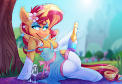 Size: 5803x4044 | Tagged: safe, artist:drizziedoodles, artist:zombie, sunset shimmer, pony, unicorn, semi-anthro, g4, alcohol, arm hooves, blanket, bow, champagne, clothes, collaboration, dress, eyeshadow, female, flower, flower in hair, garter belt, glass, grass, human shoulders, lens flare, looking at you, makeup, mare, shade, smiling, socks, solo, spring, stockings, thigh highs, tree, wine