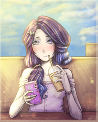 Size: 1600x2000 | Tagged: safe, artist:zefirka, rarity, human, g4, alternate hairstyle, bare shoulders, clothes, drink, drinking, female, hair accessory, humanized, lens flare, multicolored hair, off shoulder, phone, solo