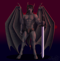 Size: 1200x1237 | Tagged: source needed, useless source url, safe, artist:sunny way, oc, oc only, bat pony, anthro, unguligrade anthro, rcf community, clothes, festral, finished commission, guard, heavy, knight, male, muscles, nudity, partial nudity, soldier, soldier pony, stallion, sword, topless, weapon, wings