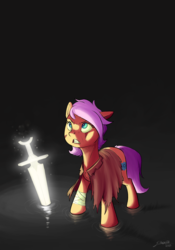 Size: 2100x3000 | Tagged: safe, artist:silverhopexiii, oc, oc only, earth pony, pony, bandage, black background, cloak, clothes, female, glowing, high res, magic sword, mare, simple background, solo, standing in water, sword, water, weapon