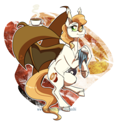 Size: 1200x1258 | Tagged: safe, artist:inuhoshi-to-darkpen, oc, oc only, oc:moka heart, bat pony, pony, bat pony oc, coffee, coffee cup, cup, ear fluff, female, fluffy, hoof hold, mare, saucer, simple background, slit pupils, solo, towel, transparent background, unshorn fetlocks, wing hold, wrench