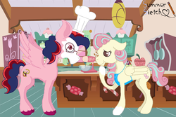 Size: 1024x682 | Tagged: safe, artist:summersketch-mlp, oc, oc only, oc:cherry fizz, oc:fondant kiss, pegasus, pony, kindverse, apron, chef's hat, clothes, female, flour, glasses, hat, male, offspring, offspring shipping, offspring's offspring, parent:oc:confetti surprise, parent:oc:lightning bolt, parent:pound cake, parent:princess flurry heart, parents:poundflurry, straight