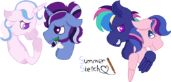 Size: 901x434 | Tagged: safe, artist:summersketch-mlp, oc, oc only, oc:dusk star, oc:firework, oc:galaxy guard, oc:primrose, pegasus, pony, unicorn, kindverse, female, male, offspring, offspring shipping, parent:fancypants, parent:flash sentry, parent:fleur-de-lis, parent:rainbow dash, parent:silver script, parent:soarin', parent:twilight sparkle, parents:fancyfleur, parents:flashlight, parents:soarindash, parents:twiscript, straight, vitiligo