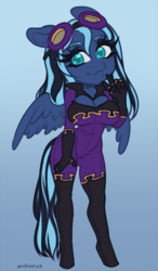 Size: 525x900 | Tagged: safe, artist:aerifiretruck, oc, oc:midnight mist, pegasus, anthro, big breasts, boob window, breasts, chibi, cleavage, clothes, costume, flight suit, goggles, keyhole, shadowbolts costume, skintight, skintight clothes, smiling, wings