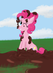 Size: 1421x1955 | Tagged: safe, artist:sixes&sevens, pinkie pie, earth pony, pony, g4, female, grass, mud, muddy, one eye closed, outdoors, smiling, solo, wink