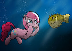 Size: 1920x1358 | Tagged: safe, artist:lizardwithhat, pinkie pie, earth pony, pony, g4, blowfish, bubble, female, helmet, mare, random, silly, simple background, tongue out, underwater