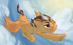Size: 2472x1528 | Tagged: safe, artist:kotya, oc, oc only, pony, cloud, flying, male, sky, solo, sunshine, wings