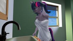 Size: 1280x720 | Tagged: safe, artist:zsnowfilez, twilight sparkle, anthro, g4, 3d, breasts, female, naked towel, solo, source filmmaker, toothbrush, towel