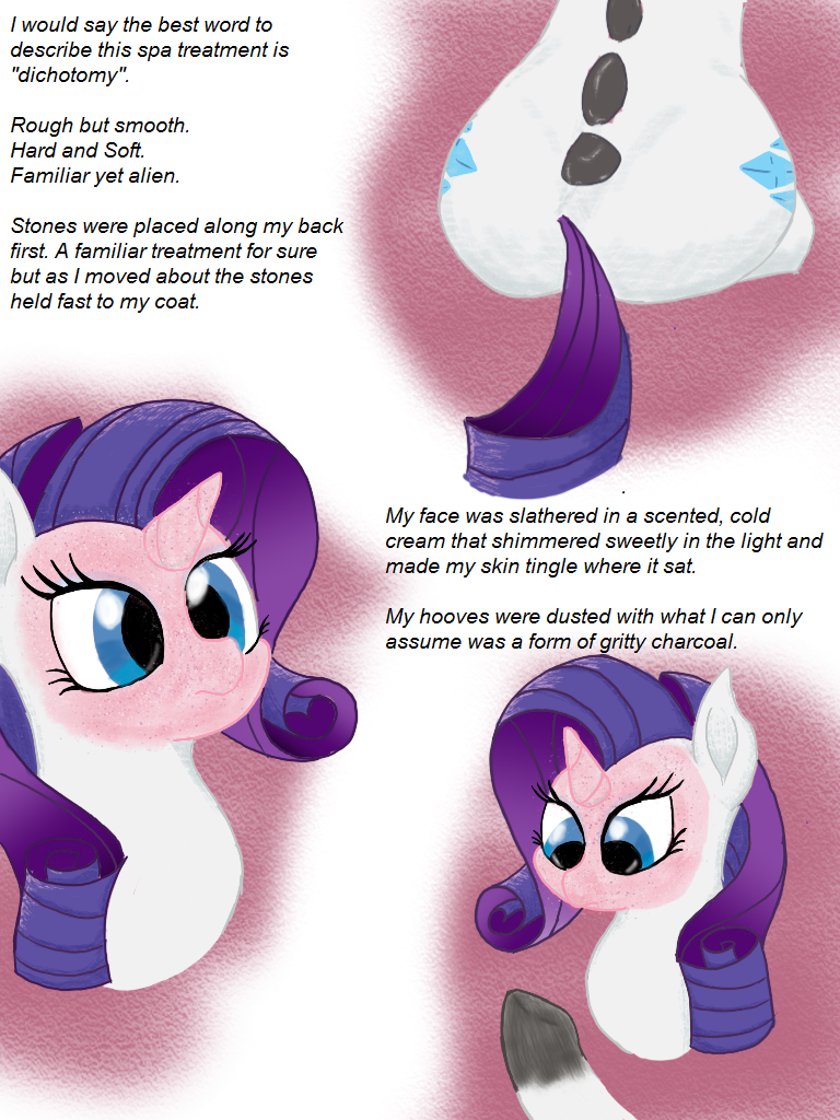 1998518 - safe, artist:mrleft, rarity, pony, unicorn, comic:spa research,  g4, comic, female, hot stone massage, mare, mud mask - Derpibooru