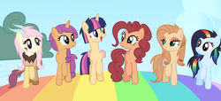 Size: 1024x467 | Tagged: safe, artist:cindystarlight, oc, oc only, oc:applemele, oc:light flash, oc:rose apple, oc:scarlet, oc:silver star, oc:sweety pie, alicorn, earth pony, hybrid, pegasus, pony, unicorn, female, generation xerox, interspecies offspring, magical lesbian spawn, mare, offspring, parent:applejack, parent:cheese sandwich, parent:discord, parent:flash sentry, parent:fluttershy, parent:pinkie pie, parent:rainbow dash, parent:rarity, parent:soarin', parent:twilight sparkle, parents:cheesepie, parents:discoshy, parents:flashlight, parents:rarijack, parents:soarindash, rainbow