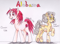 Size: 1103x812 | Tagged: safe, artist:pristine1281, part of a set, oc, oc only, oc:crimson tide, oc:dixie cottontail, earth pony, pony, unicorn, alabama, female, mare, part of a series, traditional art
