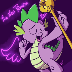 Size: 1024x1024 | Tagged: safe, artist:elzielai, spike, dragon, g4, princess spike, armpits, eyes closed, male, neon, open mouth, scepter, solo, twilight scepter