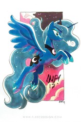 Size: 1605x2410 | Tagged: safe, artist:tonyfleecs, princess luna, alicorn, pony, g4, female, flying, jewelry, mare, marker drawing, profile, regalia, sky, solo, spread wings, traditional art, wings