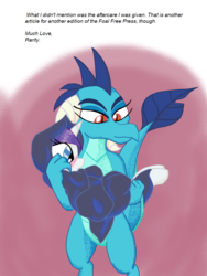Size: 768x1024 | Tagged: safe, artist:mrleft, princess ember, rarity, dragon, pony, unicorn, comic:spa research, g4, aftercare, blushing, comic, dragon lord ember, empred, female, fetish, holding a pony, mare, post-vore, towel, wrapped up