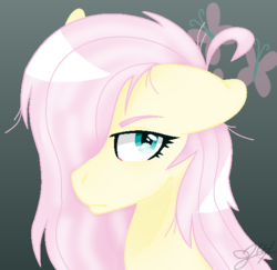 Size: 568x551 | Tagged: safe, artist:leanne264, fluttershy, pony, g4, bust, female, floppy ears, hair over one eye, looking at you, mare, messy mane, portrait, solo, three quarter view