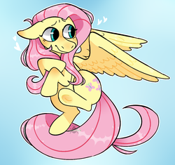 Size: 1089x1024 | Tagged: safe, artist:incubugs, fluttershy, pegasus, pony, g4, blue background, blushing, colored background, female, floppy ears, funny, gradient background, heart, looking away, looking sideways, mare, outline, smiling, solo, spread wings, underhoof, white outline, wings