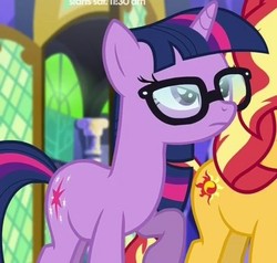 Size: 398x379 | Tagged: safe, screencap, sci-twi, sunset shimmer, twilight sparkle, unicorn, equestria girls, equestria girls specials, g4, my little pony equestria girls: better together, my little pony equestria girls: spring breakdown, cropped, cutie mark, equestria girls ponified, female, glasses, mare, offscreen character, twilight's castle, unicorn sci-twi