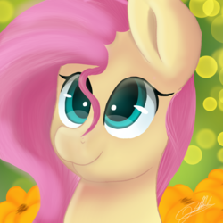 Size: 2048x2048 | Tagged: safe, artist:sweetkllrvane, fluttershy, pony, g4, bust, cute, female, flower, high res, looking up, mare, portrait, shyabetes, smiling, solo, stray strand, three quarter view