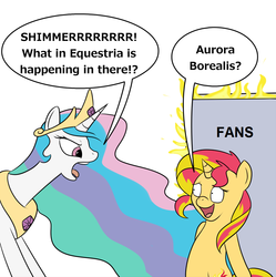 Size: 951x953 | Tagged: safe, artist:meepymaybelle, edit, princess celestia, sunset shimmer, alicorn, pony, unicorn, g4, 22 short films about springfield, angry, aurora borealis, bad poker face, bipedal, blatant lies, door, eye contact, female, fiery shimmer, fire, frown, glare, looking at each other, male, mare, nervous, open mouth, seems legit, simple background, simpsons did it, smiling, speech bubble, steamed hams, steamed hams in the comments, the simpsons, white background, wide eyes