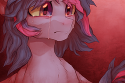 Size: 3198x2121 | Tagged: safe, artist:a-vomikaa, twilight sparkle, pony, unicorn, g4, bust, crying, female, high res, looking away, mare, sad, solo, teary eyes, three quarter view