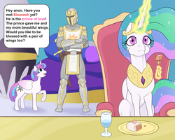 Size: 1563x1250 | Tagged: safe, artist:arareroll, edit, princess celestia, princess flurry heart, oc, oc:anon, alicorn, human, g4, armor, cake, eating, female, food, fork, glowing horn, heresy, horn, knight, magic, slaanesh, smiling, speech bubble, this will end in exterminatus, warhammer (game), warhammer 40k, weapon