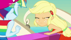 Size: 656x368 | Tagged: safe, screencap, applejack, rainbow dash, equestria girls, equestria girls specials, g4, my little pony equestria girls: better together, my little pony equestria girls: spring breakdown, animated, applejack is not amused, death stare, duo, female, sleeveless, unamused