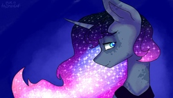 Size: 1280x732 | Tagged: safe, artist:a-vomikaa, princess luna, alicorn, pony, g4, bust, female, gradient background, lidded eyes, looking away, mare, portrait, profile, smiling, solo