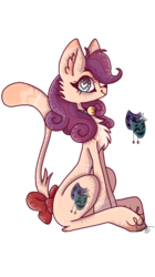 Size: 673x1200 | Tagged: safe, artist:motger-mor, oc, oc only, cat pony, hybrid, original species, bow, chest fluff, cute, ear fluff, heart eyes, interspecies offspring, ocbetes, offspring, parent:capper dapperpaws, parent:rarity, parents:capperity, profile, solo, tail bow, wingding eyes