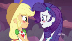 Size: 480x270 | Tagged: safe, screencap, applejack, rarity, equestria girls, equestria girls series, rollercoaster of friendship, animated, blushing, cute, discovery family logo, duo, female, geode of shielding, geode of super strength, gif, hug, magical geodes, shipping fuel