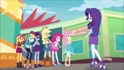 Size: 480x270 | Tagged: safe, screencap, applejack, fluttershy, pinkie pie, rainbow dash, rarity, sci-twi, sunset shimmer, twilight sparkle, equestria girls, equestria girls series, rollercoaster of friendship, animated, converse, cute, discovery family logo, female, geode of empathy, geode of fauna, geode of shielding, geode of sugar bombs, geode of super speed, geode of super strength, geode of telekinesis, gif, group, hug, humane five, humane seven, humane six, magical geodes, shipping fuel, shoes